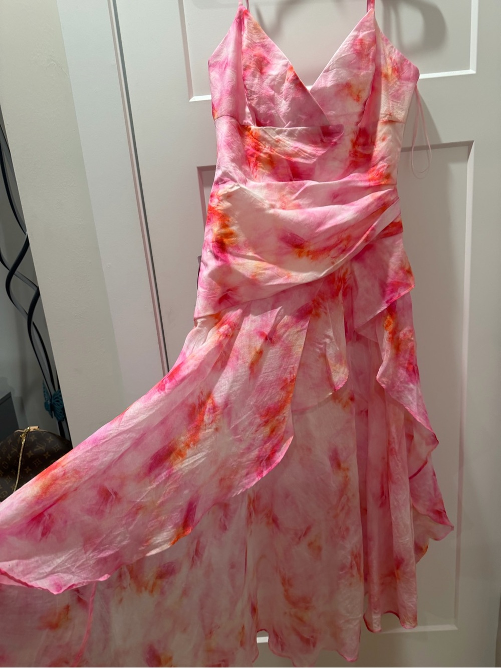 Bardot Pink and Orange Watercolor High-Low Slip Dress